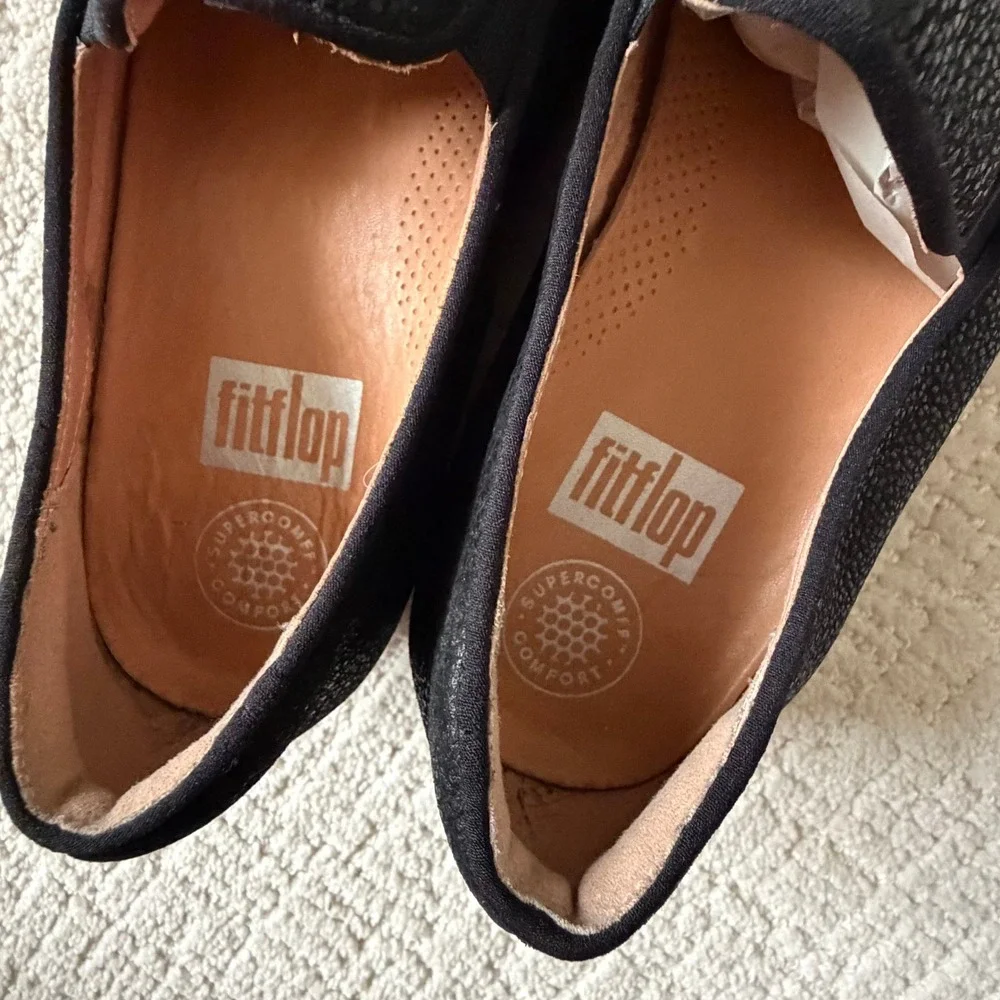 FitFlop Black Textured Leather Slip On Comfort Sneaker Loafer 7 38 Supercomff